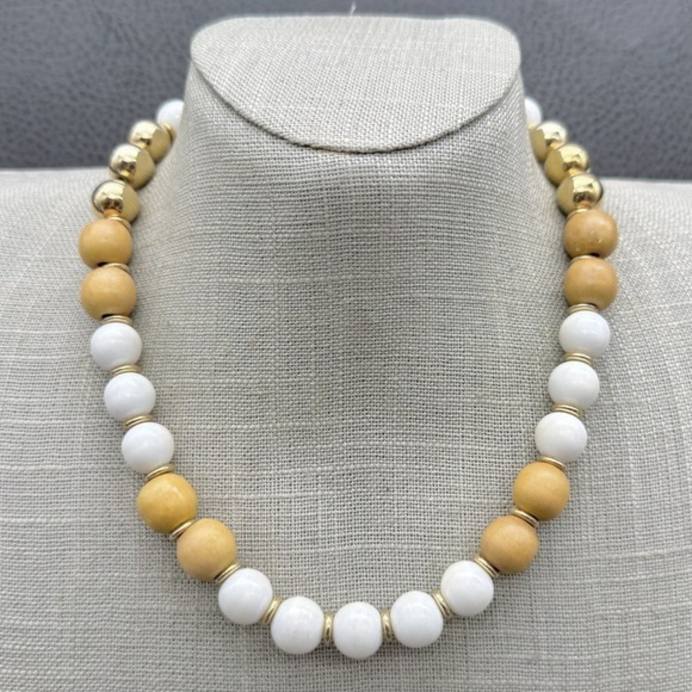 Vintage Napier Necklace Gold Tone Chain White Wood Beads Statement Jewelry 15"